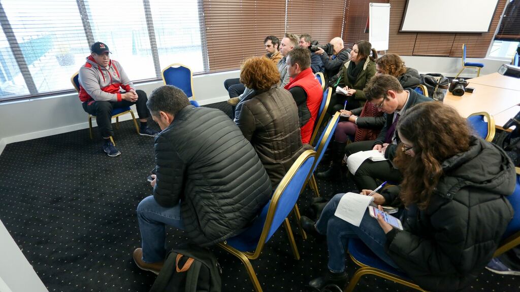 Ulster head coach addressing the press conference at Newforge Country Club, Belfast on April 2nd. Photograph: Philip Magowan/Presseye/Inpho