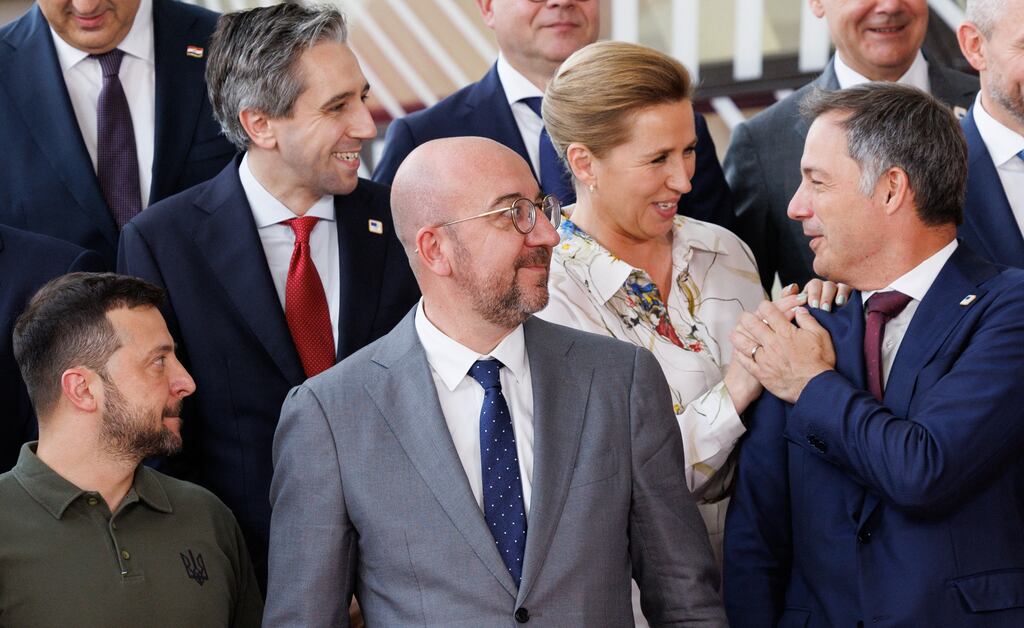 Taoiseach Simon Harris (top left) with other European leaders ahead of the first day of the European council summit in Brussels on Thursday. Photograph: Benoit Doppagne/Belga Mag/Belga/AFP via Getty