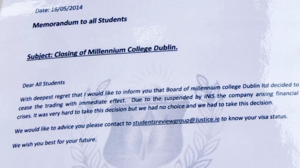 A letter that was posted on the front door fo the Millennium College in Dublin. Photograph: Brenda Fitzsimons/The Irish Times