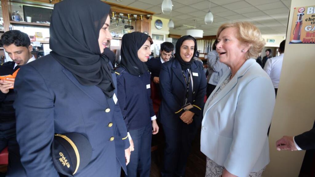 Minister for Justice Frances Fitzgerald visits College Ireland Aviation Services (CIAS), in Weston Airport, Co Dublin, which was marking its first intake of 35 cadet pilots from the Gulf airline Etihad. Photograph: Alan Betson/The Irish Times