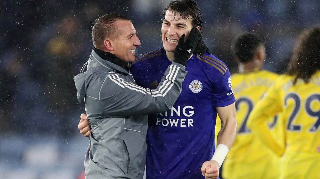 Brendan Rodgers celebrates Leicester City’s  victory over Arsenal with defender  Caglar Soyuncu at the King Power Stadium. Photograph: Carl Recine/Reuters