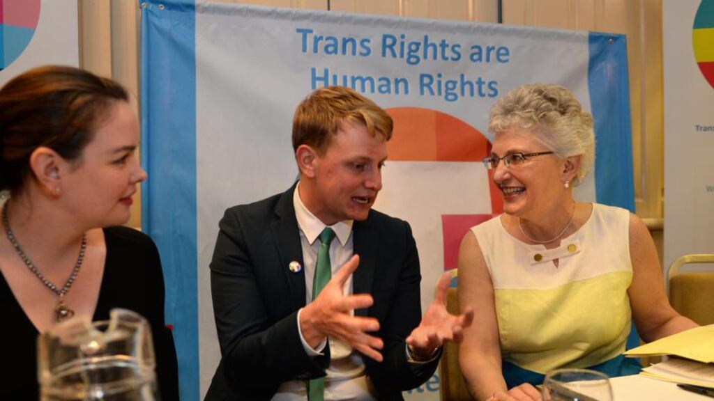 Senator Katherine Zappone (right) with from left; Dr Tanya Ní Mhuirthaile and Broden Glambrone, Transgender Equality Network Ireland, at the launch of a Bill to legislate for the Legal Recognition of Gender in Ireland. Photographer: Dara Mac Dónaill/The Irish Times