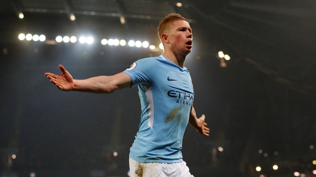 Kevin de Bruyne celebrates scoring Manchester City’s second against Tottenham. Photograph: Phil Noble/Reuters