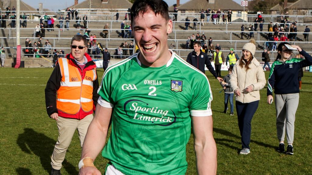 Limerick’s Sean Finn shows his delight after the victory over Galway at Pearse Stadium which sealed promotion for the visitors. Photograph Laszlo Geczo/Inpho
