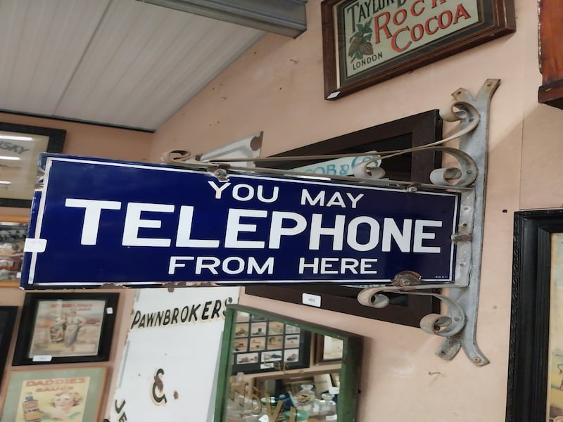 You May Telephone Here enamel double-sided hanging sign (€500-€800)