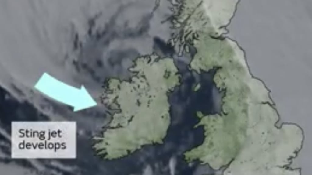 This satellite image from the UK Met Office shows the presence of a sting jet at 5am off the coast of Co Galway which may have led to the record-breaking wind gust of 183km/h at Mace Head during Storm Éowyn