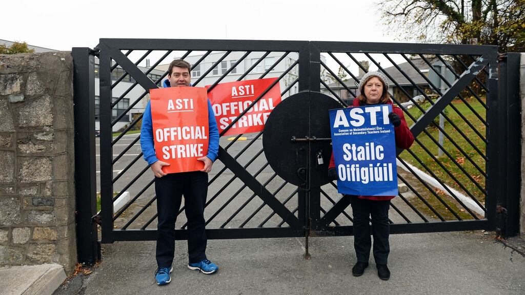 ASTI members on the picket line at Monkstown Park College in south Dublin on Tuesday. Photograph: Eric Luke