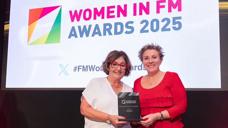 Eileen Slamon, awards judging coordinator, presents the excellence in senior leadership - large employer award to Gill O'Riordan on behalf of Áine Mulcahy, OCS Ireland