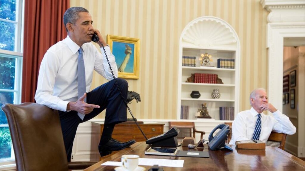 US president Barack Obama talks to politicians as he tries to drum up support in Washington for a military strike on Syria following last month’s chemical weapons attack in Damascus. Photograph: Getty Images