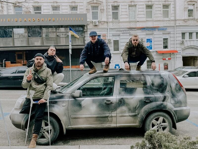 Ukrainian soldier Stanislav Dekhtiar, who lost a leg in Russian shelling near Bakhmut last August, pictured with volunteers on a recent trip to eastern Ukraine to deliver supplies to his Aidar battalion. Photograph courtesy of Stanislav Dekhtiar