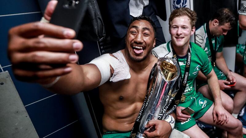 Bundee Aki and Kieran Marmion celebrate after Connacht won the Pro12 in 2016. Photo: James Crombie/Inpho
