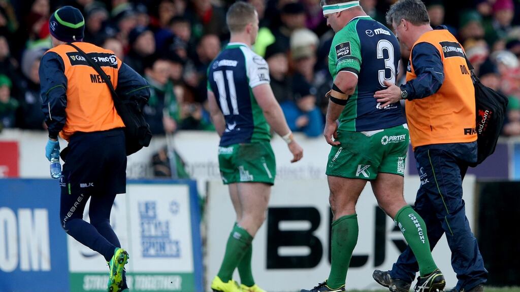 Connacht’s Nathan White goes off injured against Leinster. Photograph: Ryan Byrne/Inpho