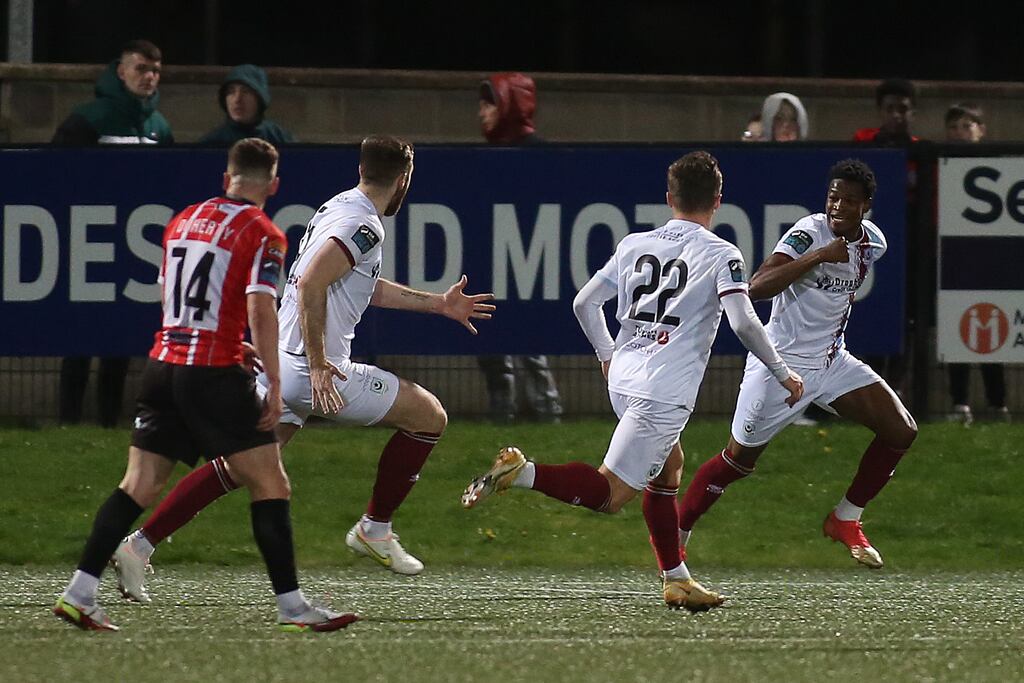 Drogheda's Elisha Ahui celebrates scoring the only goal of the game. Photograph: Lorcan Doherty/Inpho