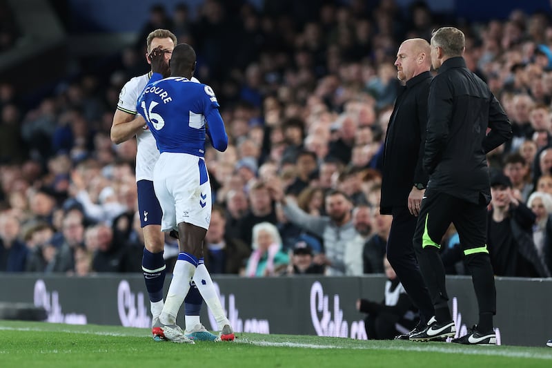 Harry Kane and Abdoulaye Doucoure clash during the meeting of Spurs and Everton at Goodison Park last Tuesday. Photograph: Alex Livesey/Getty Images