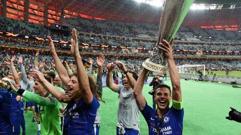 Chelsea players celebrate with the trophy after the 2019 Uefa Europa League final in Baku, Azerbaijan. Photograph: Etsuo Hara/Getty Images