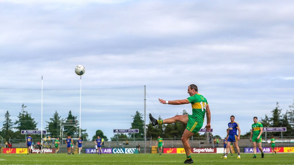 Donegal’s Michael Murphy scores a free during the All-Ireland SFC quarter-final Super 8s game against Roscommon at Dr Hyde Park. Photograph: Tommy Dickson/Inpho