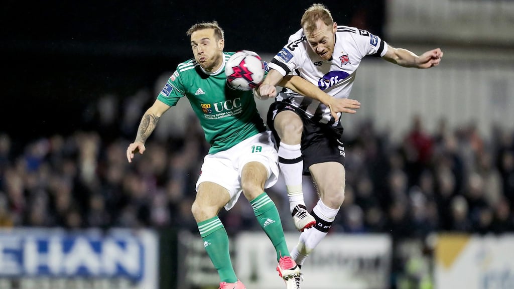 Cork City’s Karl Sheppar+d challenges for the ball with Chris Shields of Dundalk during the SSE Airtricity League Premier Division match at Oriel Park. Photograph: Laszlo Geczo/Inpho