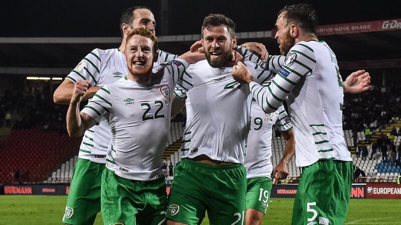 Daryl Murphy celebrates after scoring Ireland’s late equaliser in Belgrade. Photo: David Maher/Sportsfile via Getty Images