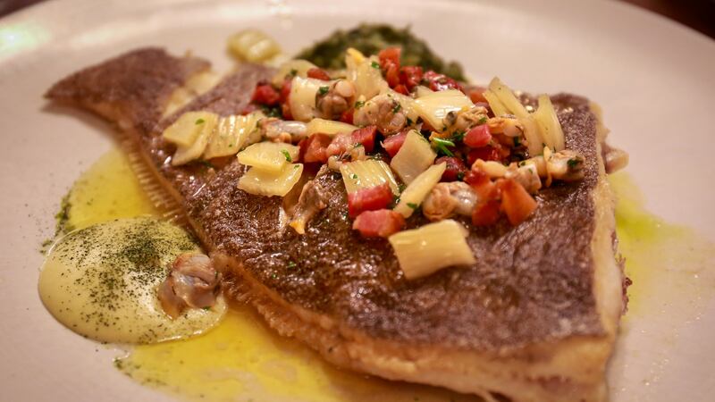 Greencastle whole brill with bacon, cockles, fennel and salsa verde