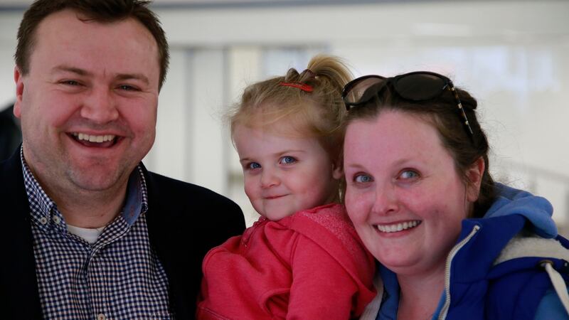 Michael Mooney, Orla and  Róisín Ni Chearbhaill at the airport.  Photograph:  Nick Bradshaw