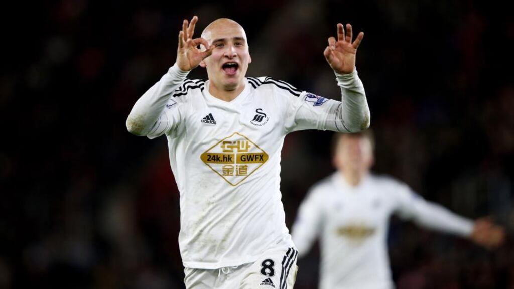 Jonjo Shelvey of Swansea City celebrates after scoring the opening goal during the Barclays Premier League match between Southampton and Swansea City at St Mary’s Stadium. Photograph: Ian Walton/Getty Images