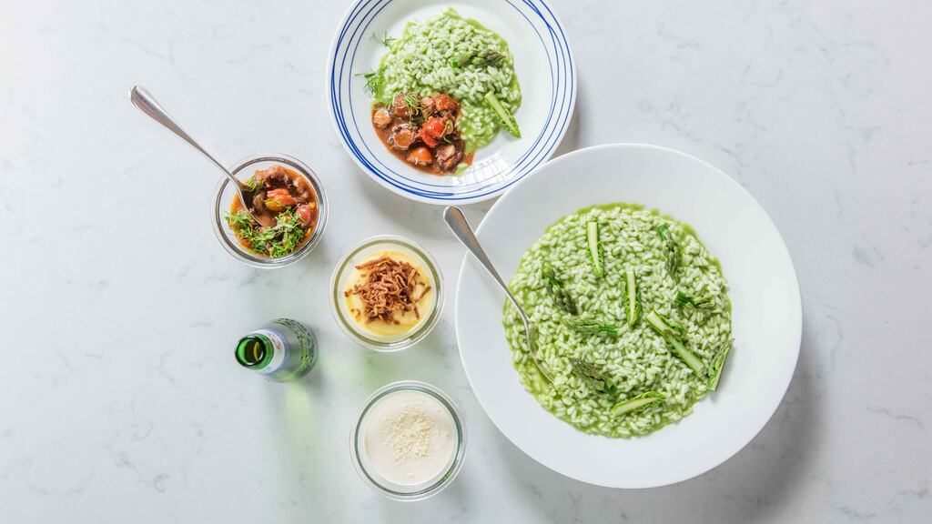 Risotto Asparagus risotto three ways with parmesan sauce, fish ragout and hard-boiled egg sauce on the Ross Lewis Luciano Tona House of Peroni menu