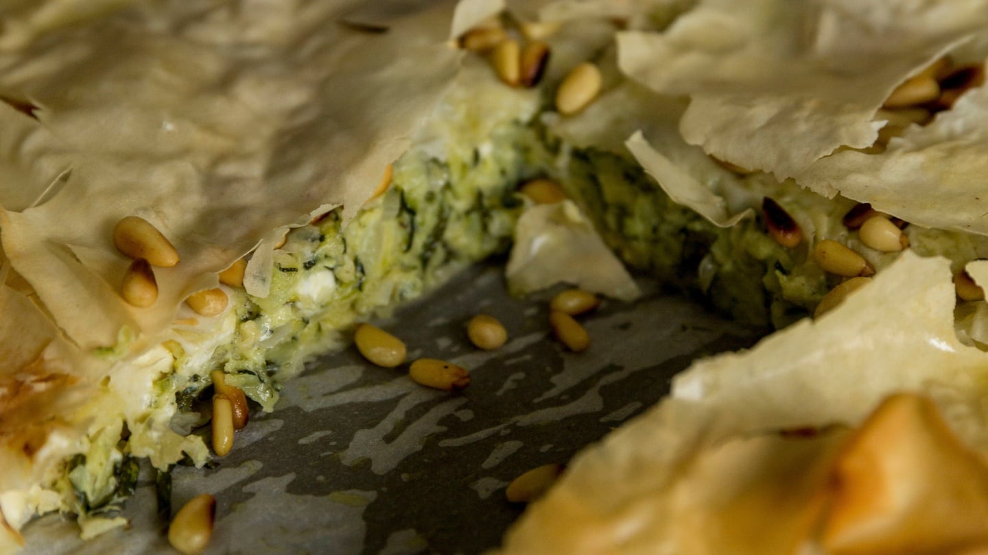Courgette and basil filo with pine nuts