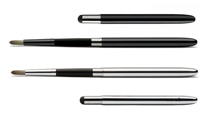 Sensu artist brush and stylus: the synthetic brush hairs are specially permeated with conductive properties