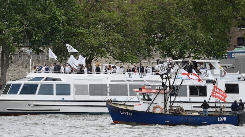 Bob Geldof  on board a boat taking part in a pro-EU counter demonstration, as a Fishing for Leave pro-Brexit ‘flotilla’ makes its way along the River Thames. Photograph: PA