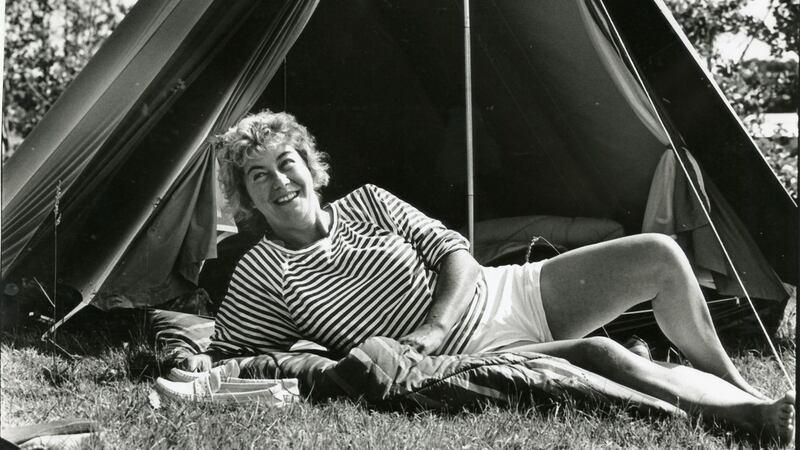 Nuala O Faolain outside her tent at Lough Gowna, Dring, Co Longford, in 1990. Photograph: Frank Miller