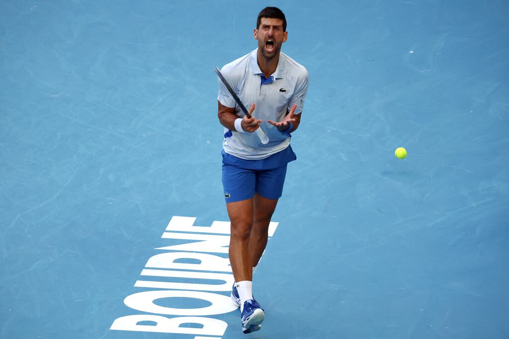 Novak Djokovic reacts on a point during his men's quarter-final against Taylor Fritz at the Australian Open. Photograph: David Gray/AFP via Getty Images