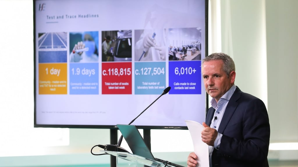 HSE chief executive  Paul Reid pictured at Dr Steevens’ Hospital on Thursday afternoon at the weekly HSE operational update on the response to Covid-19.