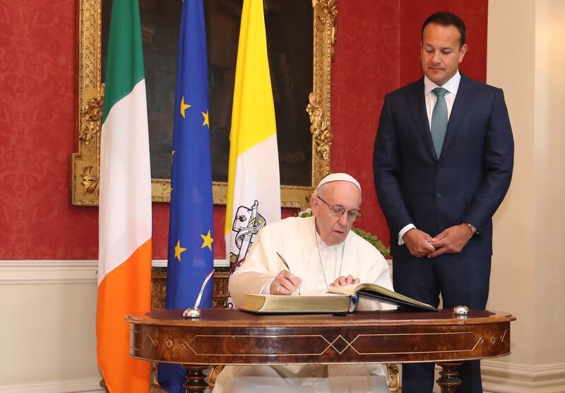 Pope Francis meets Taoiseach Leo Varadkar at Dublin Castle. Photograph: Niall Carson/PA Wire