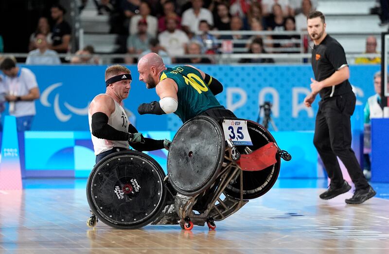 Team GB's Aaron Phipps in action against Australia's Chris Bond during their Group B wheelchair rugby match at the Paralympic Games in Paris. Photograph: Andrew Matthews/PA