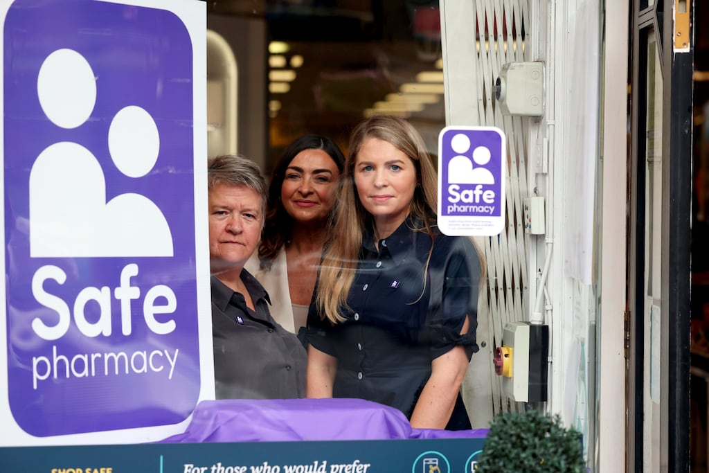 Mary McDermott of Safe Ireland, community pharmacist Oonagh O'Hagan and HSE pharmacist Louisa Power at Meaghers Pharmacy on Baggot Street, Dublin. Photograph: Jason Clarke