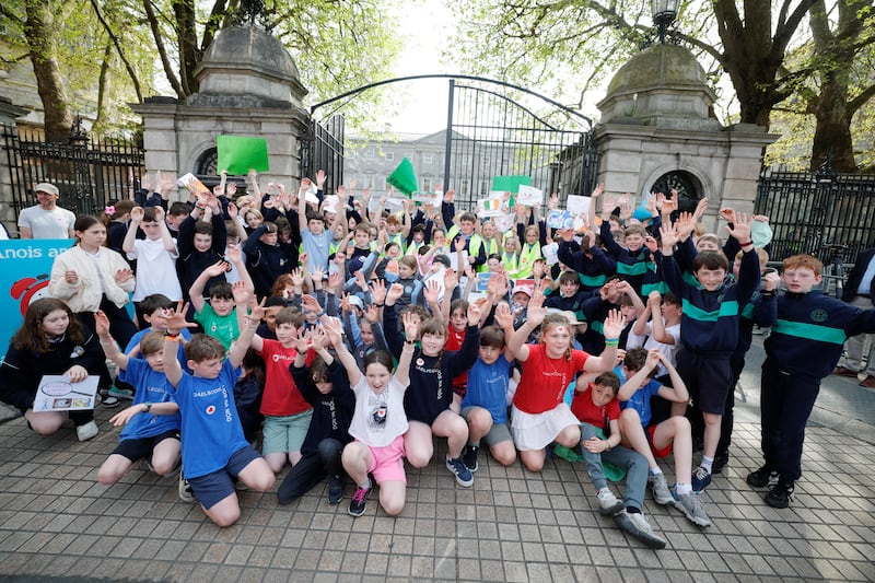 Students from five Gaelscoileanna in Dublin protested outside Leinster House on Wednesday to call on the Minister of Education to meet with the campaign to discuss the Gaelcholáiste that was promised last September. Photograph:  Conor McCabe Photography