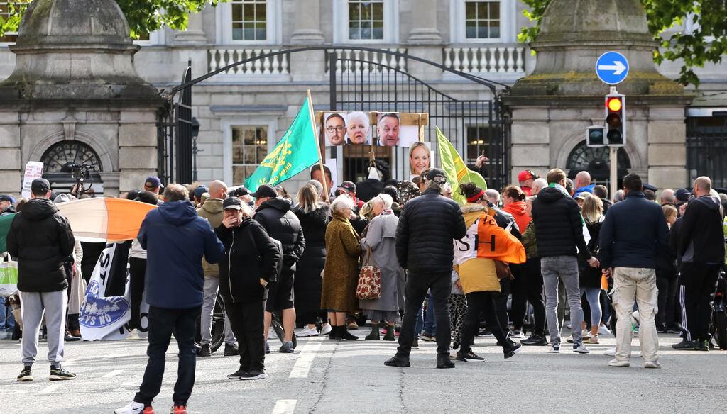 People protesting outside Leinster House at the start of the new Dáil term earlier this month. Photograph: Gareth Chaney / Collins Photos