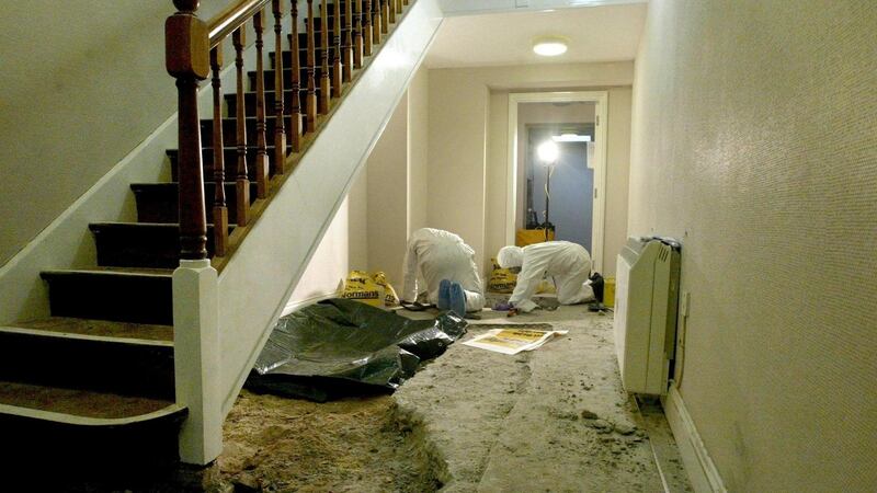 Forensic officers examining a scene at the former children’s home at Haut de la Garenne in Jersey, where more than 160 victims have claimed they were abuse. Photograph: Katie Collins/PA Wire