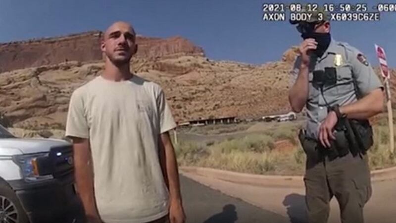 Brian Laundrie speaking with police as they responded to an altercation between Laundrie and his girlfriend. Photograph: Handout/Moab City Police Department/AFP via Getty