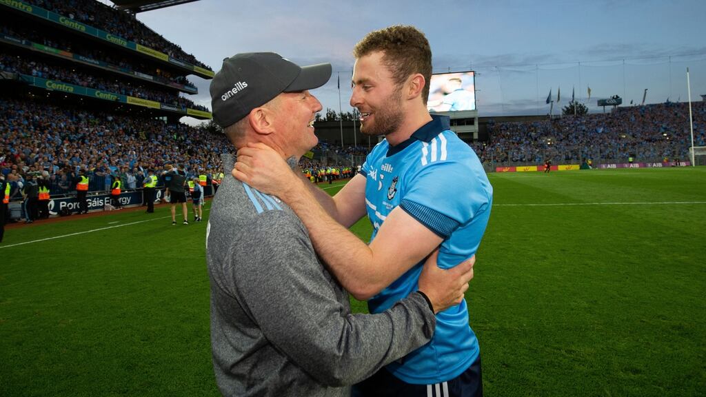 Dublin manager Jim Gavin celebrates the victory over Kerry with Jack McCaffrey. Photograph: Tom Honan