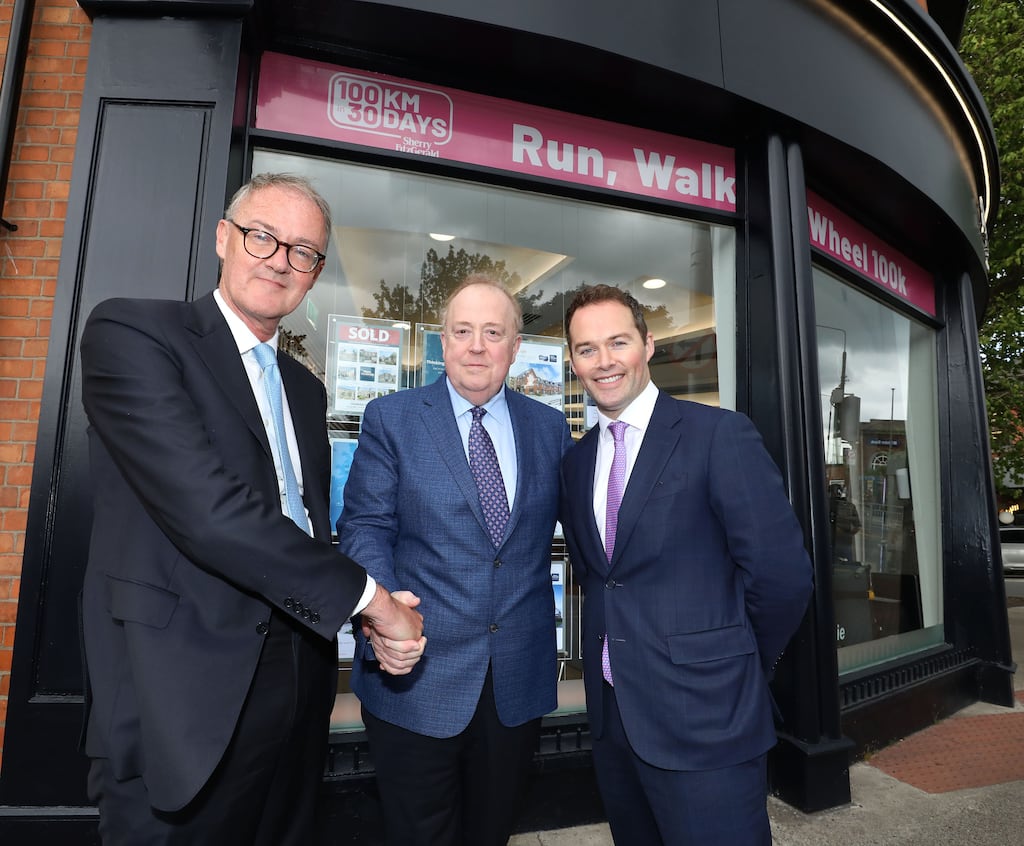 Incoming Sherry FitzGerald chairman Roy Barrett with outgoing chairman Mark FitzGerald and chief executive Steven McKenna. Photograph: Mac Innes Photography
