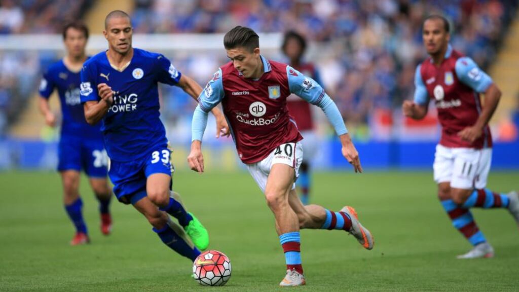 Aston Villa’s Jack Grealish runs at the Leicester City defence at the King Power Stadium, Leicester. Photograph: Nick Potts/PA Wire.