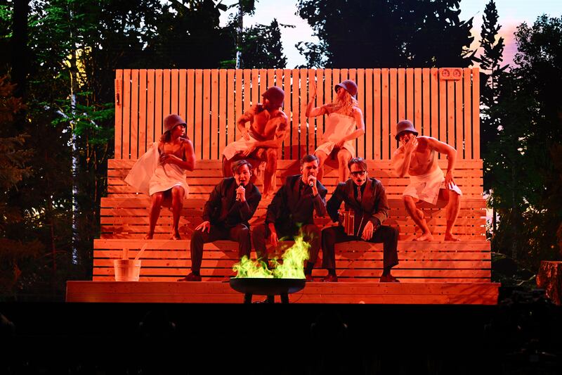 Eurovision 2025: Kaj perform Sweden's entry, Bara Bada Bastu. Photograph: Stina Stjernkvist/SVT. (Bara Bada Bastu means Just Take a Sauna)