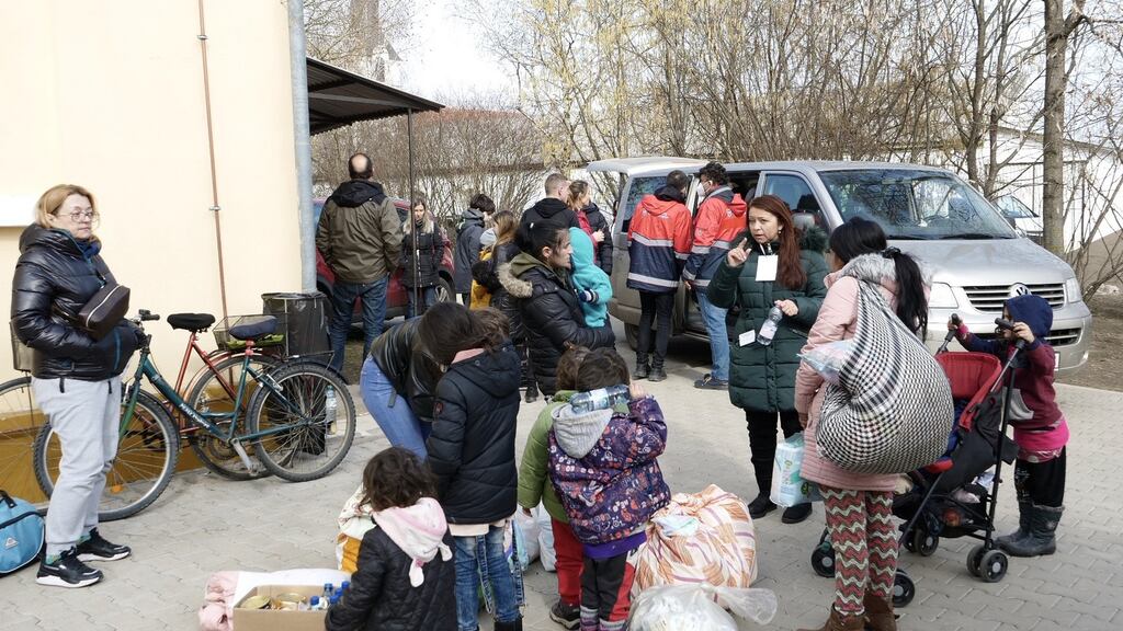 People fleeing the war in Ukraine arrive at the aid centre in the Hungarian border town of Beregsurany. Photograph: Amanda Coakley
