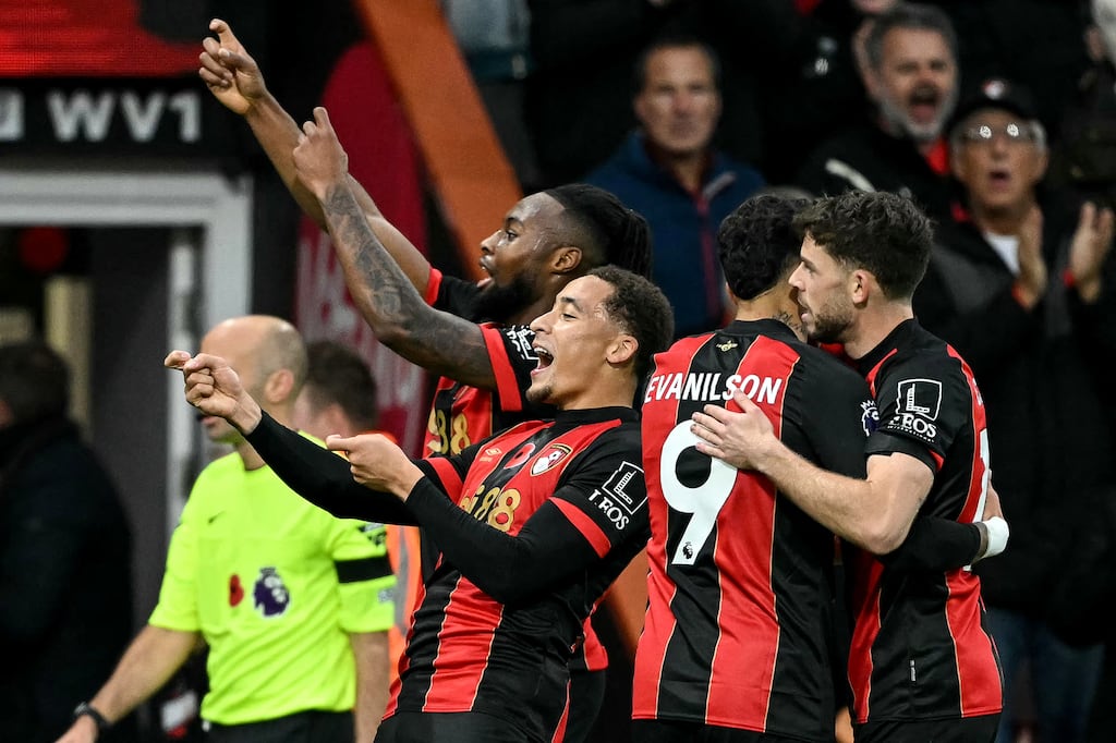 Bournemouth's Antoine Semenyo celebrates scoring his team's first goal during the Premier League match against Manchester City at the Vitality Stadium. Photograph: Justin Tallis/AFP via Getty Images
