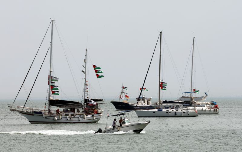 Vessels, part of the Global Sumud Flotilla, off the coast of Sidi Bou Said, Tunisia. Photograph: EPA