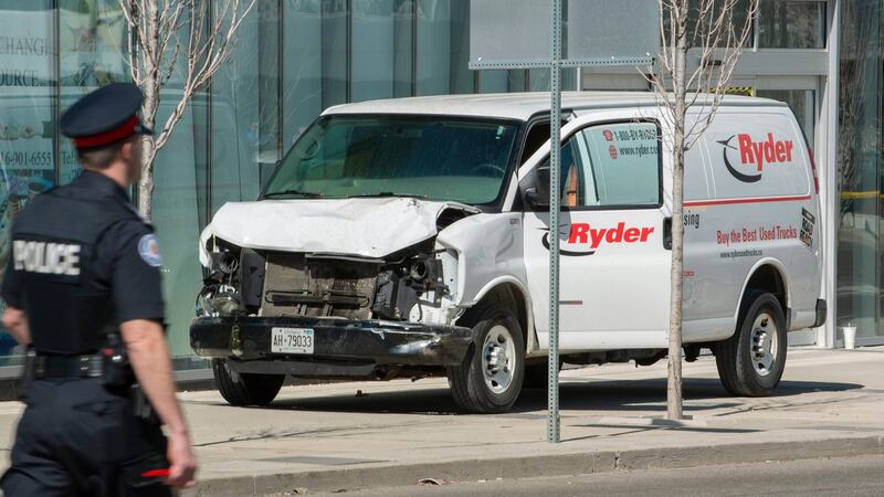 A rented van pictured on a footpath in Toronto after it was driven off the street into pedestrians, killing ten and injuring many others. Photograph: Warren Toda/EPA