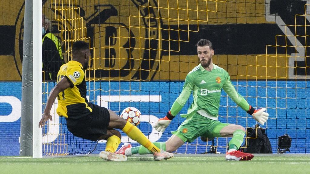Young Boys’ Jordan Siebatcheu scores the winning goal past Manchester United goalkeeper David De Gea during the Champions League Group F match at the Wankdorf stadium in Berne, Switzerland. Photograph: Alessandro Della Valle/EPA