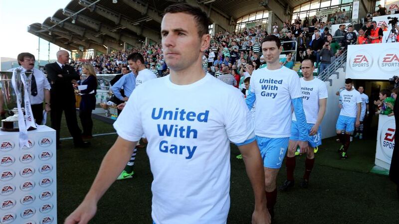 Drogheda players show their support for fellow footballer Gary O’Neill who was recently diagnosed with cancer. Photograph: Lorraine O’Sullivan/Inpho