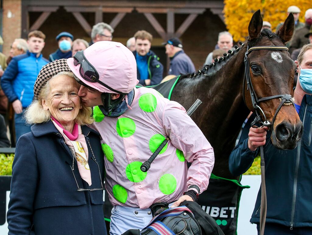 Patrick Mullins with his grandmother Maureen Mullins after he won The Morgiana Hurdle on Sharjah at Punchestown in 2021. Photograph: Caroline Norris/Inpho